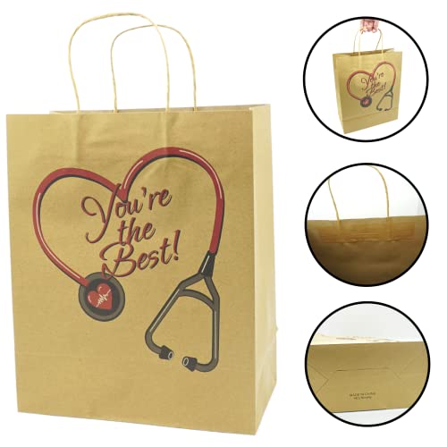 4E's Novelty Nurse Gift Bags (12 Pack) Large 12" Kraft Paper Bag Bulk - National Nurse Appreciation Day. For Doctors Healthcare Hospital Worker Party Favors Goody Bag