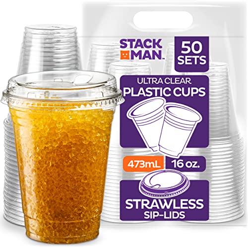 16 oz. Clear Cups with Strawless Sip-Lids, [50 Sets] PET Crystal Clear Disposable 16oz Plastic Cups