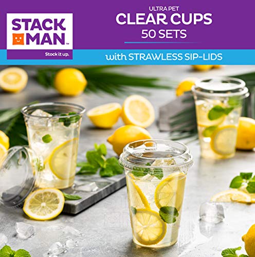 16 oz. Clear Cups with Strawless Sip-Lids, [50 Sets] PET Crystal Clear Disposable 16oz Plastic Cups