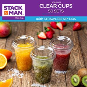 16 oz. Clear Cups with Strawless Sip-Lids, [50 Sets] PET Crystal Clear Disposable 16oz Plastic Cups