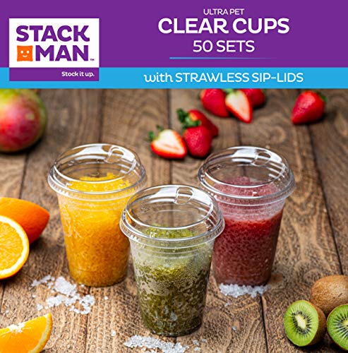 16 oz. Clear Cups with Strawless Sip-Lids, [50 Sets] PET Crystal Clear Disposable 16oz Plastic Cups