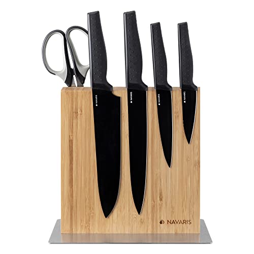 Navaris Wood Magnetic Knife Block - Double Sided Wooden Magnet Holder Board Stand for Kitchen Knives, Scissors, Metal Utensils - Bamboo, 8.9 x 8.7 in