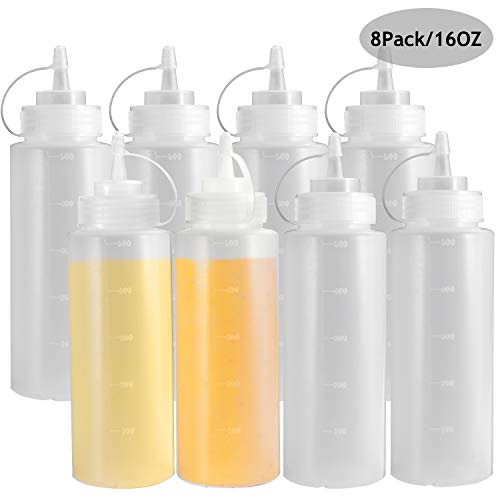 OAMCEG 8 Pack Condiment Squeeze Bottles 16 OZ Durable Plastic Squeeze Squirt Bottle with Discrete Measurements, for Ketchup, BBQ, Sauces, Syrup, Condiments, Dressings, Arts and Crafts - BPA Free