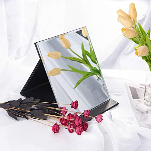 LONGSHENG - SINCE 2001 - Protable PU Leather Mirror Folding Desktop Makeup Mirror with Adjustable Stand for Personal Use,Travelling (L, Black)