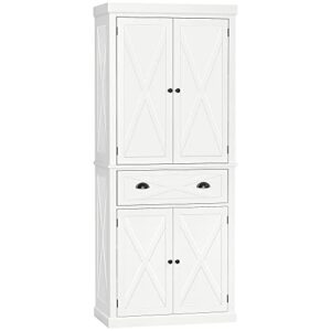 homcom freestanding modern farmhouse 4 door kitchen pantry cabinet, storage cabinet organizer with 6-tiers, 1 drawer and 4 adjustable shelves, white