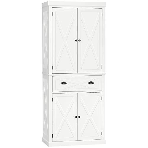 HOMCOM Freestanding Modern Farmhouse 4 Door Kitchen Pantry Cabinet, Storage Cabinet Organizer with 6-Tiers, 1 Drawer and 4 Adjustable Shelves, White