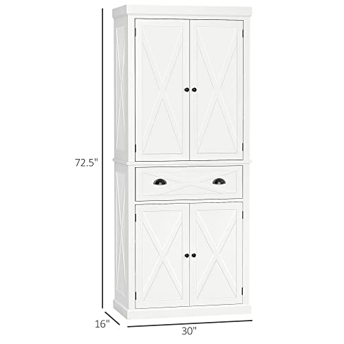 HOMCOM Freestanding Modern Farmhouse 4 Door Kitchen Pantry Cabinet, Storage Cabinet Organizer with 6-Tiers, 1 Drawer and 4 Adjustable Shelves, White