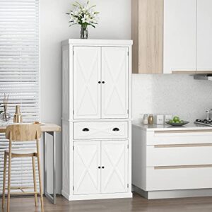 HOMCOM Freestanding Modern Farmhouse 4 Door Kitchen Pantry Cabinet, Storage Cabinet Organizer with 6-Tiers, 1 Drawer and 4 Adjustable Shelves, White