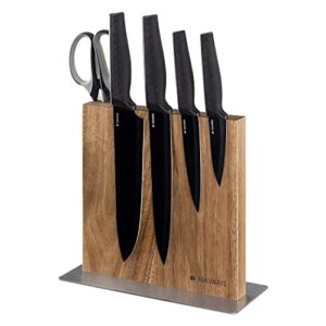 navaris wood magnetic knife block - double sided wooden magnet holder board stand for kitchen knives, scissors, metal utensils - acacia, 8.9 x 8.7 in