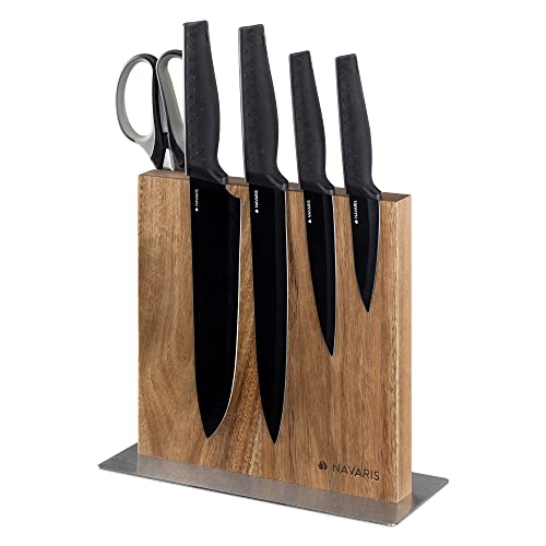 Navaris Wood Magnetic Knife Block - Double Sided Wooden Magnet Holder Board Stand for Kitchen Knives, Scissors, Metal Utensils - Acacia, 8.9 x 8.7 in