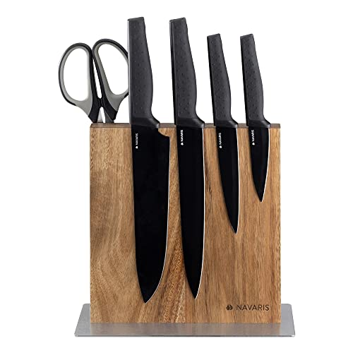 Navaris Wood Magnetic Knife Block - Double Sided Wooden Magnet Holder Board Stand for Kitchen Knives, Scissors, Metal Utensils - Acacia, 8.9 x 8.7 in