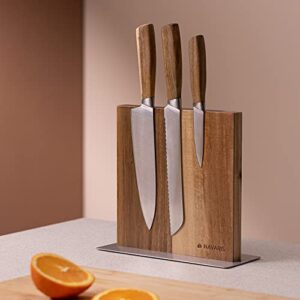 Navaris Wood Magnetic Knife Block - Double Sided Wooden Magnet Holder Board Stand for Kitchen Knives, Scissors, Metal Utensils - Acacia, 8.9 x 8.7 in