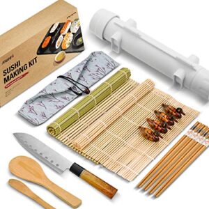 isseve sushi making kit, bamboo sushi mat, all in one sushi bazooka maker with bamboo mats, bamboo chopsticks, paddle, spreader, sushi knife, diy sushi roller machine