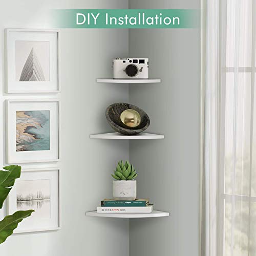 Ejoyous 3 Tier Corner Shelves Wall Mounted, Modern White Small Floating Wall Shelf Space Saving Display Shelving Storage Rack for Home, Bedroom, Living Room, Bathroom, Kitchen, Office