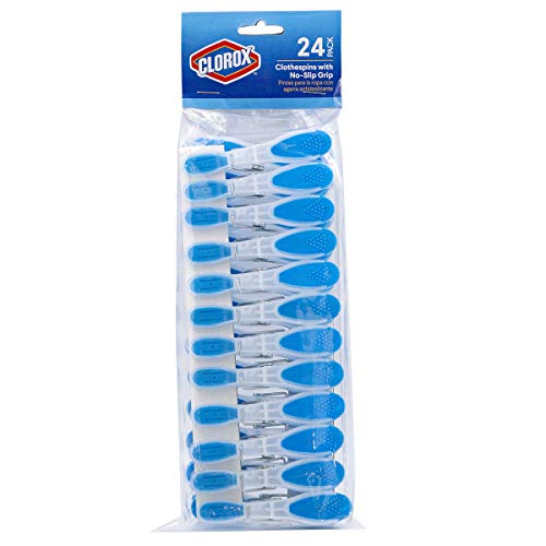 Clorox Plastic Non-Slip Clothespins – Pack of 24 | Soft Touch Rubber Grip Ends | Wide Open Sturdy Clips for Line Drying Laundry and Securing Snack Bags