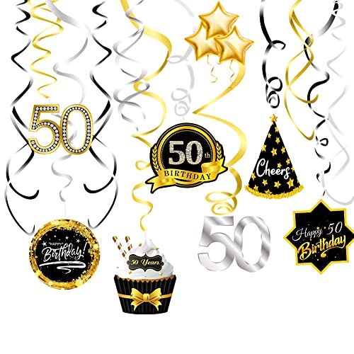 50th Birthday Decoration Ceiling Hanging Swirls(16 Pcs), Happy 50th Birthday Party Silver Black Gold Foil Swirl Streamers, Birthday Party Supplies