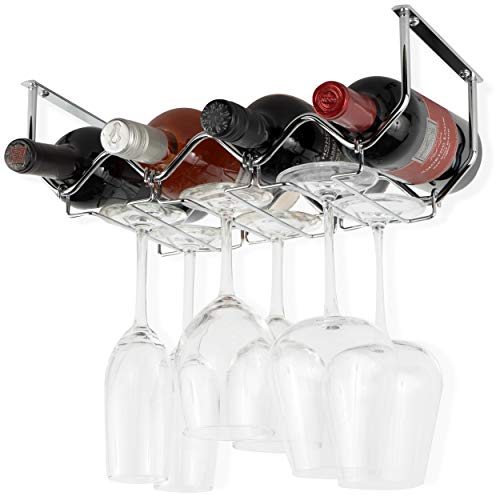 Wallniture Piccola Under Cabinet Wine Rack & Glasses Holder Kitchen Organization with 4 Bottle Organizer Metal Chrome