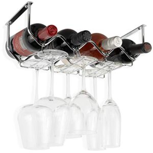 Wallniture Piccola Under Cabinet Wine Rack & Glasses Holder Kitchen Organization with 4 Bottle Organizer Metal Chrome