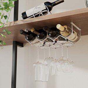 Wallniture Piccola Under Cabinet Wine Rack & Glasses Holder Kitchen Organization with 4 Bottle Organizer Metal Chrome