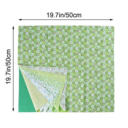 Exceart 7 Sheets Floral Cotton Fabric Floral Cloth Squares Quilting Fabric for Patchwork DIY Sewing Scrapbooking 50x50cm(Green)