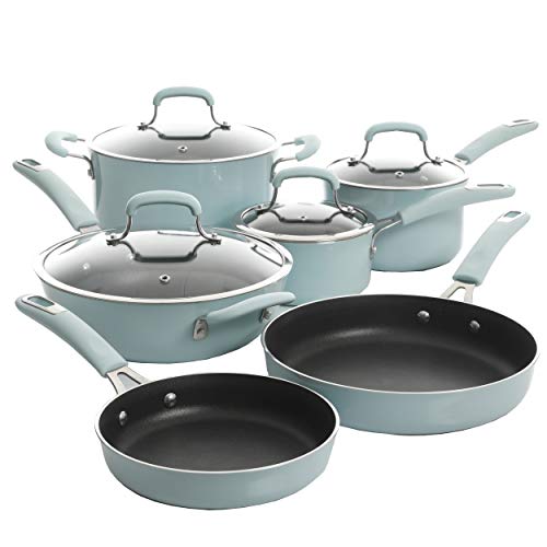 Kenmore Elite Andover Nonstick Platinum Forged Aluminum Cookware Set, 10-Piece, Glacier Blue