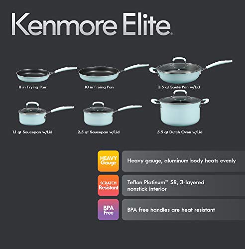 Kenmore Elite Andover Nonstick Platinum Forged Aluminum Cookware Set, 10-Piece, Glacier Blue