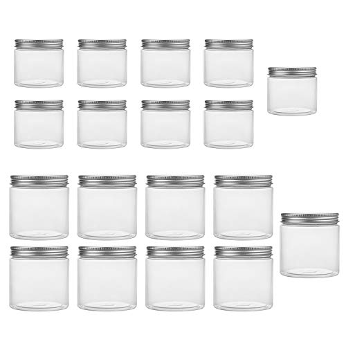 Tebery 18 Pack Clear Plastic Jars Bottles Containers with Silver Metal Lids 12oz & 5oz Transparent Storage Container for Slime Kitchen Dry Goods and More