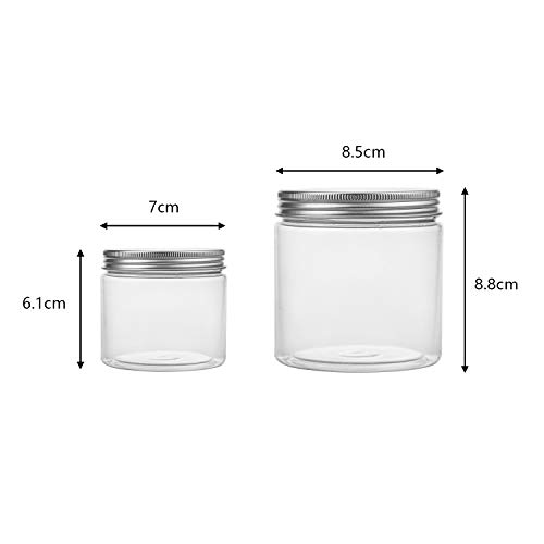 Tebery 18 Pack Clear Plastic Jars Bottles Containers with Silver Metal Lids 12oz & 5oz Transparent Storage Container for Slime Kitchen Dry Goods and More