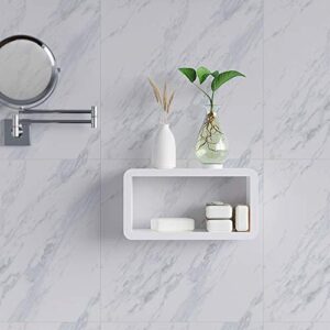 shinpuru bathroom shelf - adhesive floating shelf for tile walls for bathroom storage, shower rack, wall decor, modern design square bathroom organizer no drilling, easy installation (white)