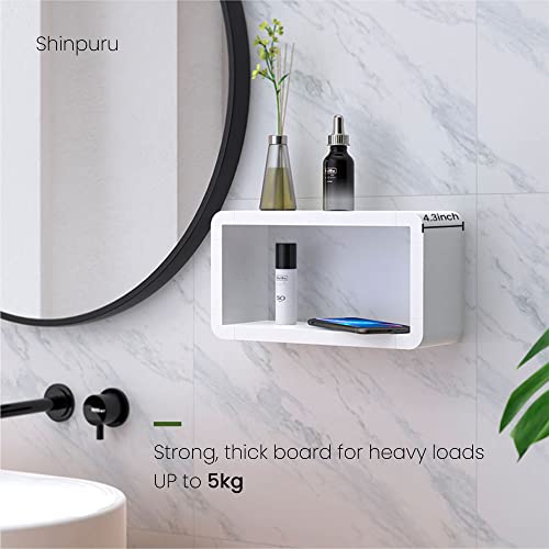 Shinpuru Bathroom Shelf - Adhesive Floating Shelf for Tile Walls for Bathroom Storage, Shower Rack, Wall Decor, Modern Design Square Bathroom Organizer No Drilling, Easy Installation (White)