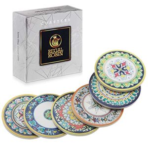 absorbent ceramic bohemian coasters for drinks: regal robin drink coaster set - cute 4 inch novelty coasters with cork back for home, office, restaurant - coffee table, desk, kitchen decor - set of 6