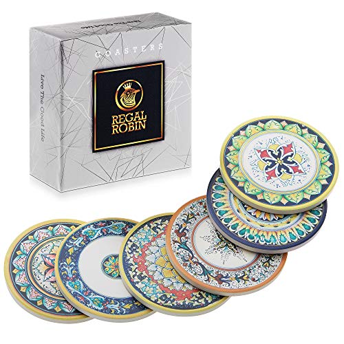 Absorbent Ceramic Bohemian Coasters for Drinks: Regal Robin Drink Coaster Set - Cute 4 Inch Novelty Coasters with Cork Back for Home, Office, Restaurant - Coffee Table, Desk, Kitchen Decor - Set of 6