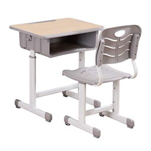 showmaven student desk and chair combo, height adjustable children's desk and chair workstation with drawer, pencil grooves and hanging hooks for home, school and training (light grey&white oak)