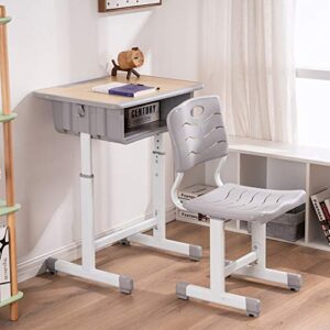 ShowMaven Student Desk and Chair Combo, Height Adjustable Children's Desk and Chair Workstation with Drawer, Pencil Grooves and Hanging Hooks for Home, School and Training (Light Grey&White Oak)