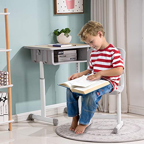 ShowMaven Student Desk and Chair Combo, Height Adjustable Children's Desk and Chair Workstation with Drawer, Pencil Grooves and Hanging Hooks for Home, School and Training (Light Grey&White Oak)