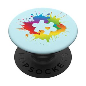 autism awareness puzzle piece colorful rainbow splatter popsockets popgrip: swappable grip for phones & tablets