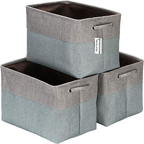 Sea Team 3-Pack Large Storage Basket Set, Trunk Organizer, Clothes Toys Bin, 15 x 10 x 10 Inches, Big Rectangular Canvas Fabric Collapsible Shelf Box with Handles for Kids Room (Grey/Stone Blue)