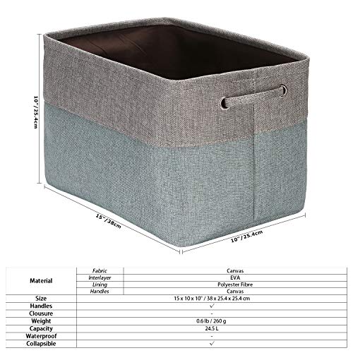 Sea Team 3-Pack Large Storage Basket Set, Trunk Organizer, Clothes Toys Bin, 15 x 10 x 10 Inches, Big Rectangular Canvas Fabric Collapsible Shelf Box with Handles for Kids Room (Grey/Stone Blue)