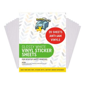 printable vinyl - sticker paper for inkjet printer (20 sheets, 8.5" x 11", anti jam) - glossy printable sticker paper - inkjet printable waterproof sticker paper - make labels and decal
