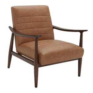 Amazon Brand – Rivet Spear Mid-Century Modern Channel Tufted Leather Accent Chair with Wood Arms, 29.1"W, Cognac Brown