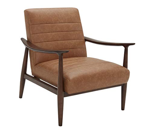 Amazon Brand – Rivet Spear Mid-Century Modern Channel Tufted Leather Accent Chair with Wood Arms, 29.1"W, Cognac Brown