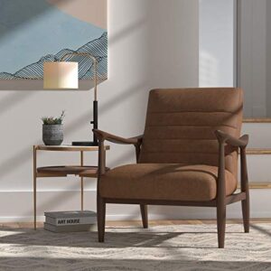 Amazon Brand – Rivet Spear Mid-Century Modern Channel Tufted Leather Accent Chair with Wood Arms, 29.1"W, Cognac Brown