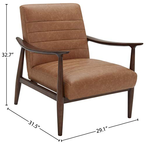 Amazon Brand – Rivet Spear Mid-Century Modern Channel Tufted Leather Accent Chair with Wood Arms, 29.1"W, Cognac Brown