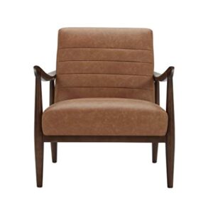 Amazon Brand – Rivet Spear Mid-Century Modern Channel Tufted Leather Accent Chair with Wood Arms, 29.1"W, Cognac Brown