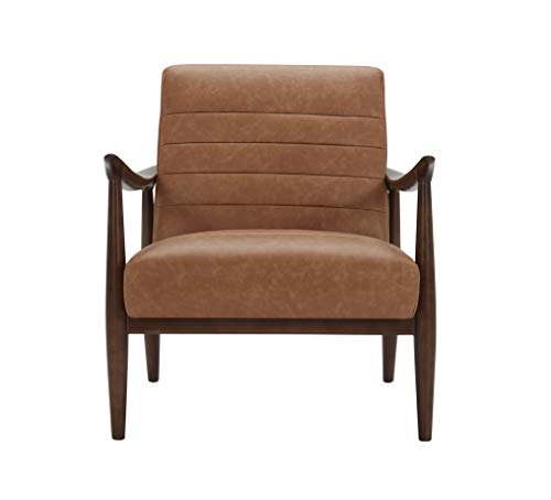 Amazon Brand – Rivet Spear Mid-Century Modern Channel Tufted Leather Accent Chair with Wood Arms, 29.1"W, Cognac Brown