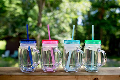 Zephyr Canyon Plastic Mason Jars with Handles, Lids and Straws | 20 oz Double Insulated Tumbler with Straw | 4 Pack Set of 4 | Wide Mouth Mason Jar Mugs | Cups for Kids and Adults…