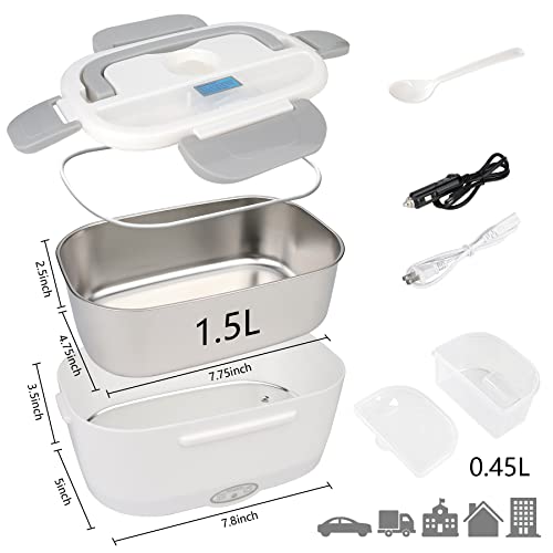 CTSZOOM Heated Lunch Boxes for Adults, 60W Electric Lunch Box Food Heater 3 in 1 for Work Home Truck and Car Leak Proof, 1.5L Removable Stainless Steel Container, 110V/12V/24V Gray