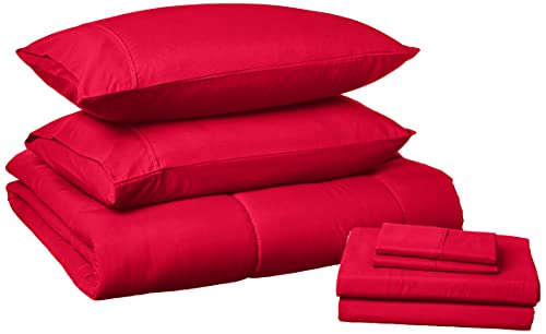 Sweet Home Collection 7 Piece Comforter Set Bag Solid Color All Season Soft Down Alternative Blanket & Luxurious Microfiber Bed Sheets, Red, Full