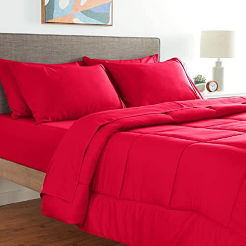 Sweet Home Collection 7 Piece Comforter Set Bag Solid Color All Season Soft Down Alternative Blanket & Luxurious Microfiber Bed Sheets, Red, Full