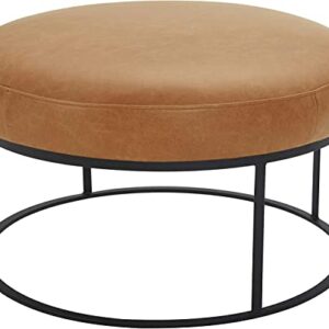 Amazon Brand – Rivet Revere Round Leather Iron-Framed Ottoman, 30.3"W, Cognac